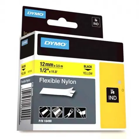 Dymo originální páska do tiskárny štítků 12mm x 3.5m (žlutý podklad) / černý tisk / RHINO flexibilní nylonová