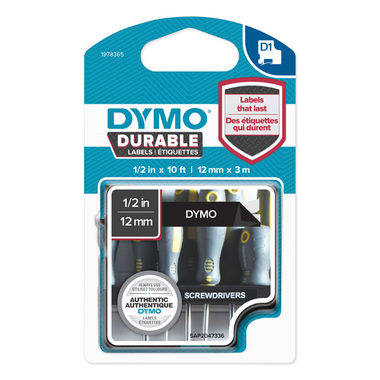Dymo originální páska do tiskárny štítků 12mm x 3m / bílý tisk / černý podklad / D1 / permanentní vinylová 