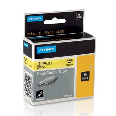 Dymo originální páska do tiskárny štítků 19mm x 1.5mm / černý tisk / žlutý podklad / RHINO / teplem smrštitelná