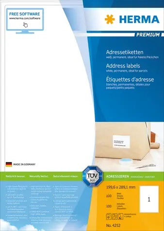 HERMA PREMIUM adresové štítky A4 / 199.6 x 289.1 mm / 100 listů