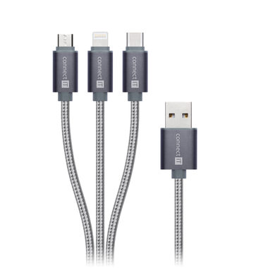 CONNECT IT Wirez 3in1 USB-C & Micro USB & Lightning 1.2m stříbrno-šedá