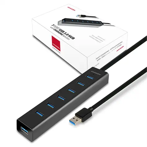 AXAGON HUE-SA7BP, 7x USB 5Gbps ALU CHARGING hub, kabel USB-A 40cm, vč. AC adapteru