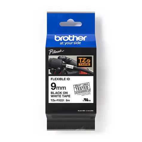 Brother TZE-FX221 bílá/černá 9 mm s flexibilní páskou
