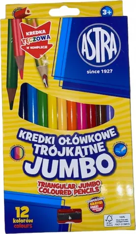 ASTRA Trojhranné pastelky 12ks Jumbo s ořezávátkem (včetně vícebarevné pastelky)