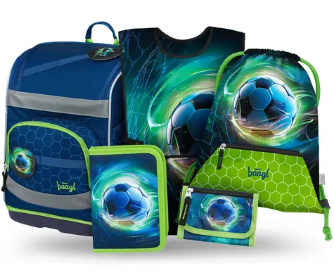BAAGL SET 5 - Školní set  Zippy Plus Fotbalový Míč: aktovka / penál / sáček / zástěra / peněženka