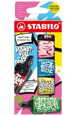 STABILO® BOSS MINI by Snooze One - Zvýrazňovače a popisovač - 5 ks sada - růžová, modrá, žlutá, zelená a černá