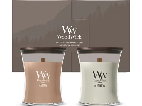 WoodWick dárkový set Fireside, Linen 275g - váza střední 2 ks / doba hoření: až 65h