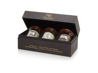 WoodWick dárkový set 3ks Fireside & White Teak a Sand & Driftwood - sklo malé / doba hoření: až 3x 30h 