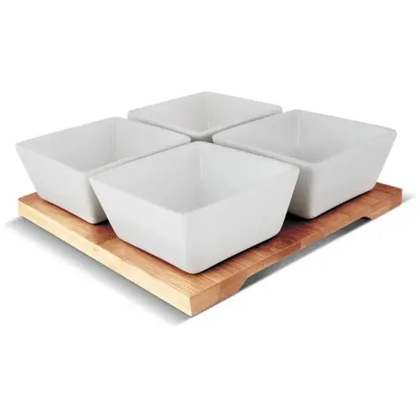 Lamart Bamboo Sada Servírovací misky 4ks bílá-hnědá / 19 x 19cm / porcelán-dřevo