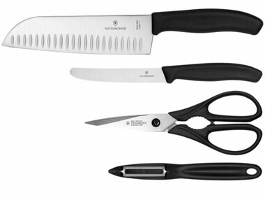 VICTORINOX Swiss Classic Sada 2x nůž + kuchyňské nůžky + škrabka na zeleninu černá