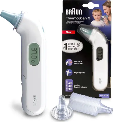 Braun IRT 3030 ThermoScan 3 / digitální infračervený teploměr / měření v uchu / 34 - 42.2°C / 2xAA / bílá
