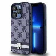 DKNY PU Leather Checkered Pattern and Stripe Zadní Kryt pro Apple iPhone 15 Pro Max modrá
