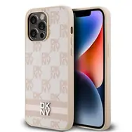 DKNY PU Leather Checkered Pattern and Stripe Zadní Kryt pro Apple iPhone 15 Pro Max růžová