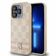 DKNY PU Leather Checkered Pattern and Stripe Zadní Kryt pro Apple iPhone 14 Pro Max růžová
