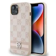 DKNY PU Leather Checkered Pattern and Stripe Zadní Kryt pro Apple iPhone 14 růžová