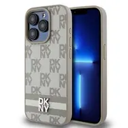DKNY PU Leather Checkered Pattern and Stripe Zadní Kryt pro Apple iPhone 13 Pro béžová