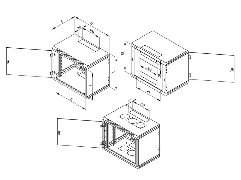 Rozměry - Rack Triton 19” jednodílný 15U/600mm prosklené dveře, šedý